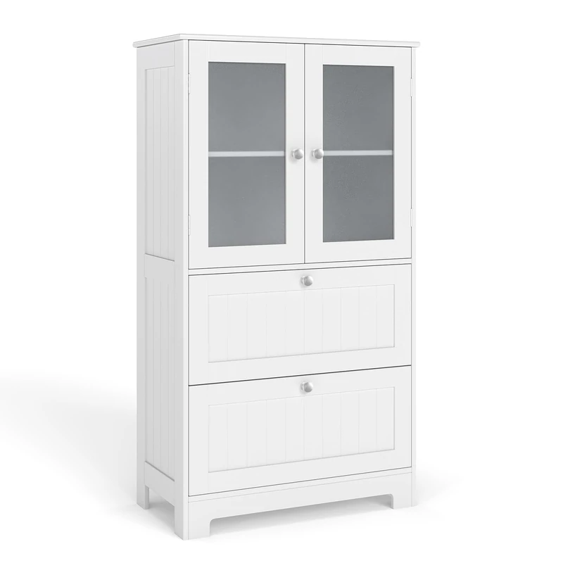 FANTASK Bathroom Cabinet with Double Glass Door and Adjustable Shelves, Wooden Storage Cabinet with 2 Drawers & 2 Glass Doors, Tall Cabinet for Bathroom, Kitchen, Living Room (White) - Image 1