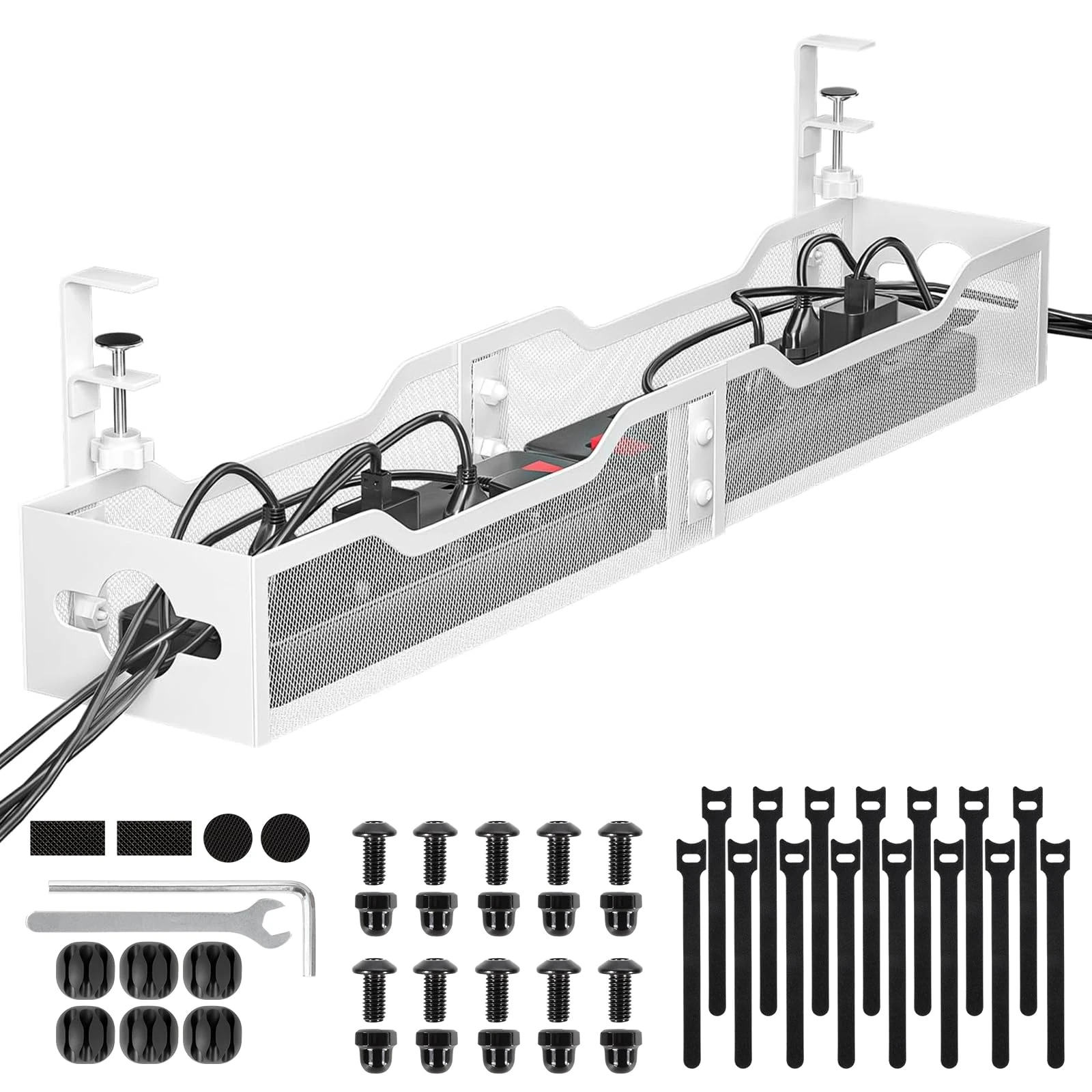 Under Desk Cable Management Tray, No Drill Cable Management Mesh Wire Organizer Side Opening Design for Home, Office, Internet Cafe, Kitchen (White, 1 Pack 25'')