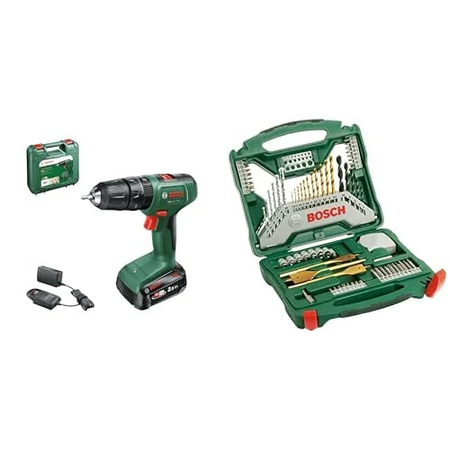 Bosch Cordless Hammer Drill EasyImpact 18V-38 (1x Battery 2.5 Ah; 18 Volt System; in Carrying case) + Bosch 70-Pieces X-Line Titanium Drill and Screwdriver Bit Set (for Wood, Masonry and Metal)