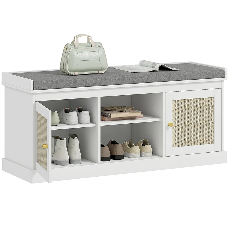 HOMCOM Shoe Bench with Padded Cushion, Boho Shoe Storage Bench with Rattan Doors, Open Shelves and Adjustable Shelves for Hallway, Entryway, Holds 9 Pairs, White