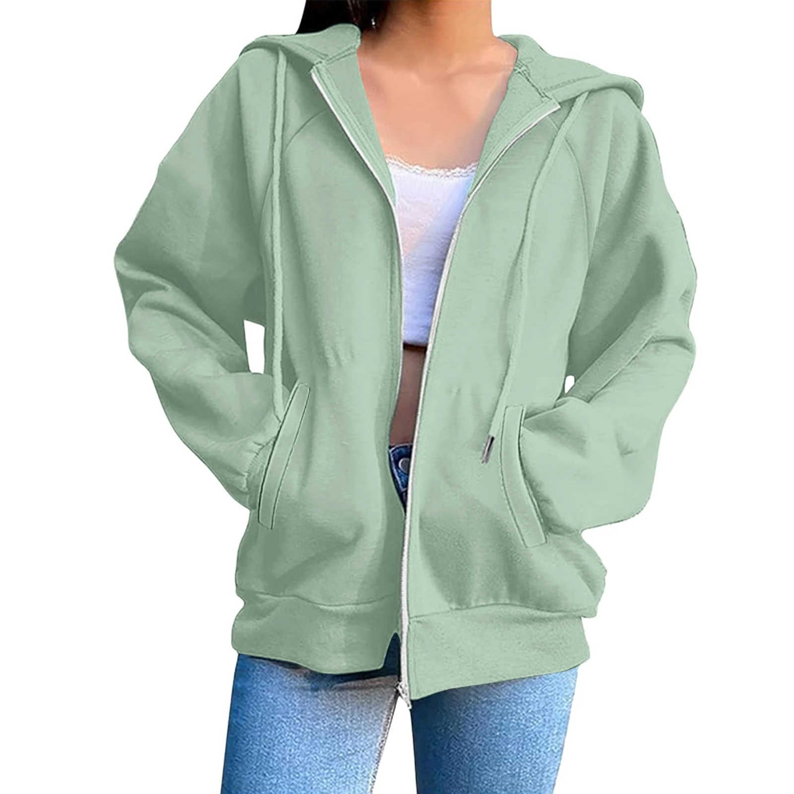 Zip Up Sweatshirts for Women Casual Zipped Hoodies Solid Color Loose Long Sleeve Jacket Womens Zipper Hoodies Pullover Sweaters Hooded Top Coats Activewear Ladies Outerwear with Pockets
