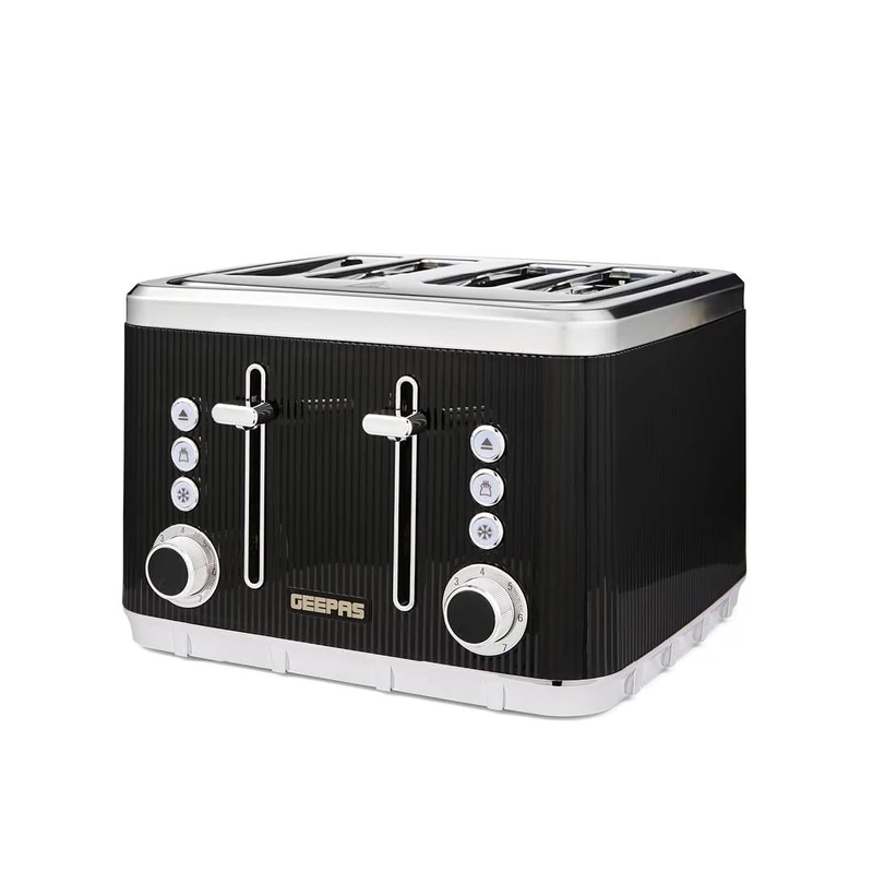 GEEPAS 4 Slice Toaster | 7 Browning Levels Eject Defrost Reheat Function | For Thin Small Bread Slice Removable Crumb Tray High Lift Lever | Space-Saving Design | 2 Yr Warranty 1860W Arcus Black