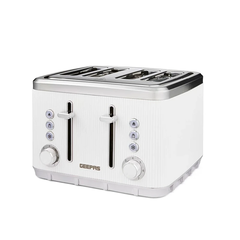GEEPAS 4 Slice Toaster | 7 Browning Levels Eject Defrost Reheat Function | For Thin Small Bread Slice Removable Crumb Tray High Lift Lever | Space-Saving Design | 2 Yr Warranty 1860W Arcus White