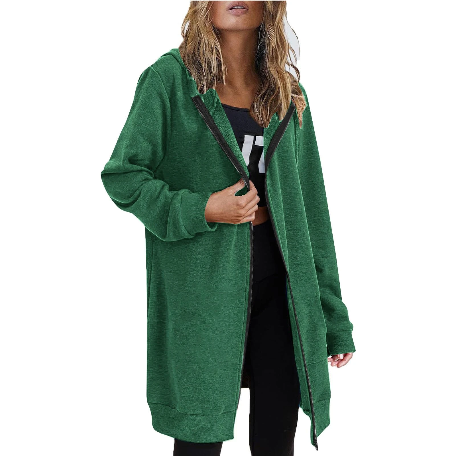 KUIH Hoodies for Women UK Long Sleeve Hooded Zipped Cardigans Ladies Longline Hoodies Loose Casual Long Sweatshirt Fleece Lined Jackets Zip Up Hoodie with Pockets Winter Autumn Coat Green