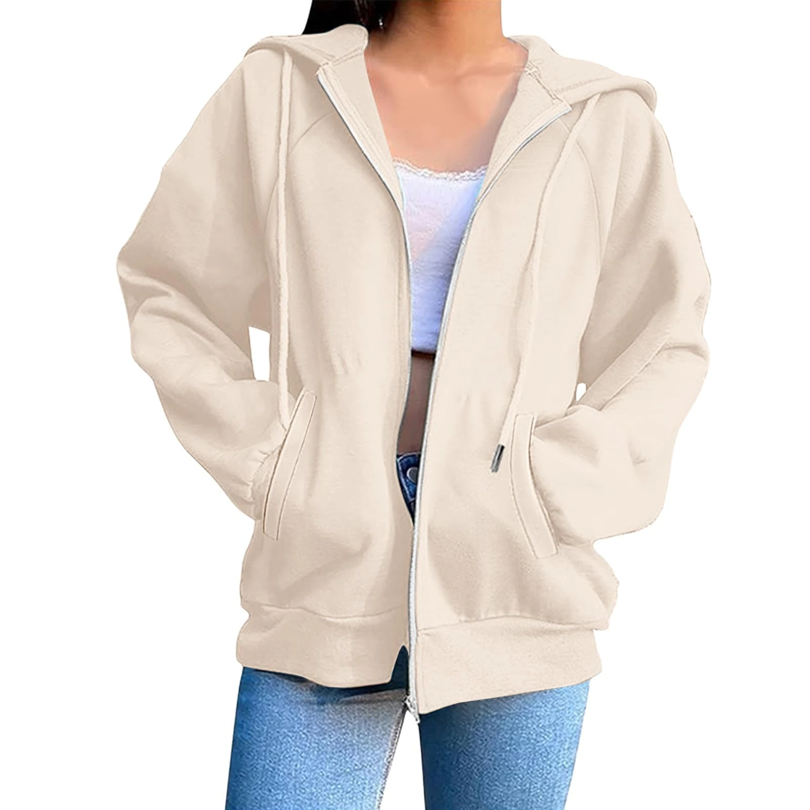 KUIH Zip Up Sweatshirts for Women Casual Zipped Hoodies Solid Color Loose Long Sleeve Jacket Womens Zipper Hoodies Pullover Sweaters Hooded Top Coats Activewear Ladies Outerwear with Pockets Beige
