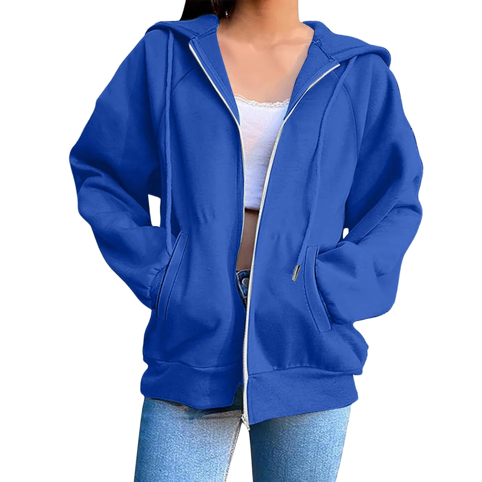 KUIH Zip Up Sweatshirts for Women Casual Zipped Hoodies Solid Color Loose Long Sleeve Jacket Womens Zipper Hoodies Pullover Sweaters Hooded Top Coats Activewear Ladies Outerwear with Pockets Blue