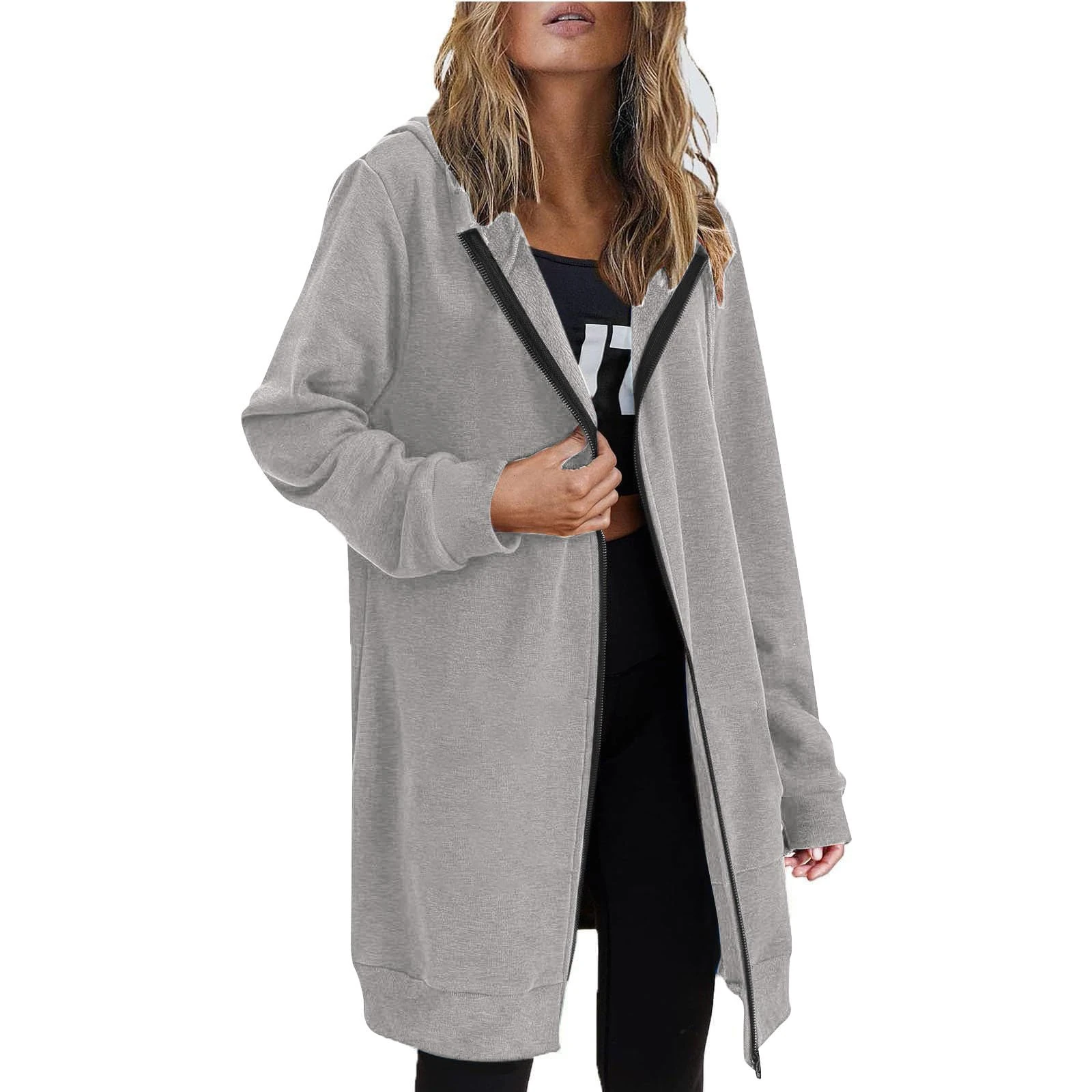 KUIH Hoodies for Women UK Long Sleeve Hooded Zipped Cardigans Ladies Longline Hoodies Loose Casual Long Sweatshirt Fleece Lined Jackets Zip Up Hoodie with Pockets Winter Autumn Coat Gray