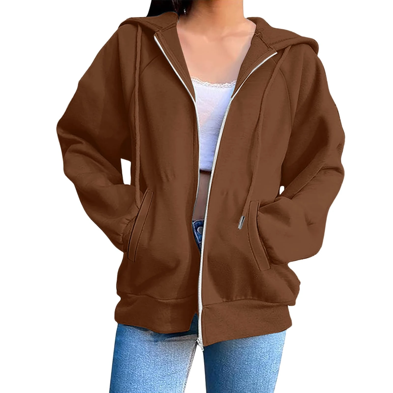 KUIH Zip Up Sweatshirts for Women Casual Zipped Hoodies Solid Color Loose Long Sleeve Jacket Womens Zipper Hoodies Pullover Sweaters Hooded Top Coats Activewear Ladies Outerwear with Pockets Brown