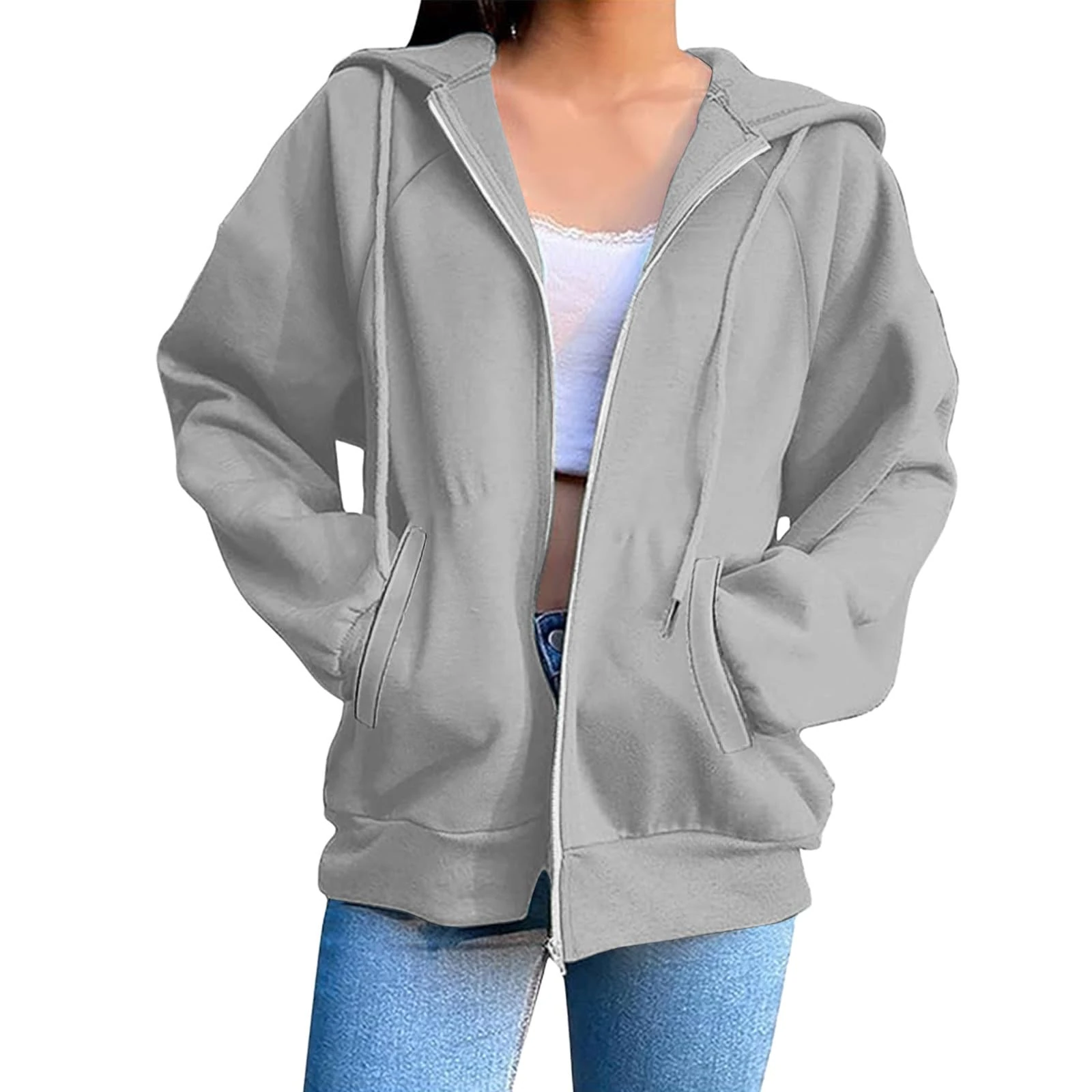 KUIH Zip Up Sweatshirts for Women Casual Zipped Hoodies Solid Color Loose Long Sleeve Jacket Womens Zipper Hoodies Pullover Sweaters Hooded Top Coats Activewear Ladies Outerwear with Pockets Gray