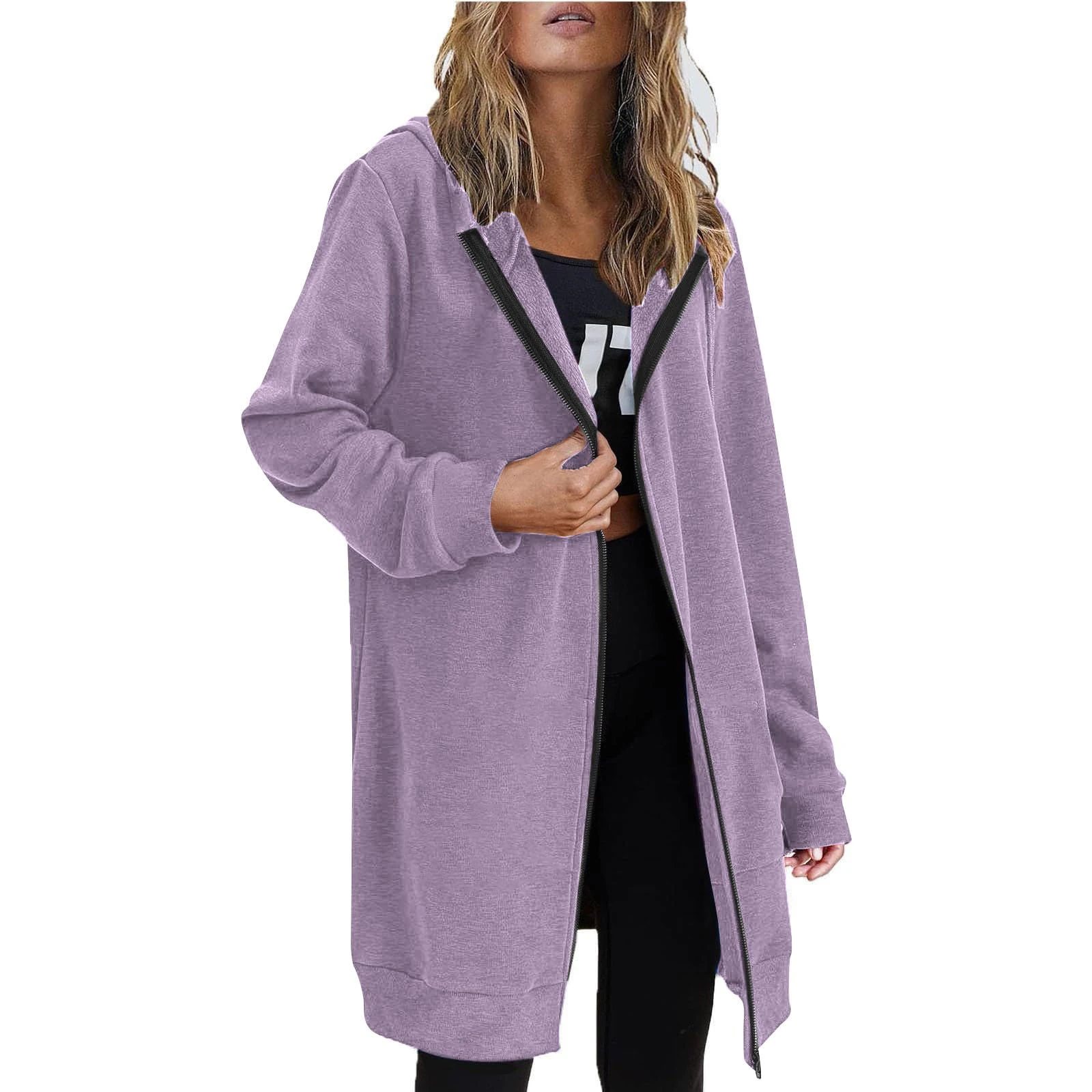 KUIH Hoodies for Women UK Long Sleeve Hooded Zipped Cardigans Ladies Longline Hoodies Loose Casual Long Sweatshirt Fleece Lined Jackets Zip Up Hoodie with Pockets Winter Autumn Coat Purple