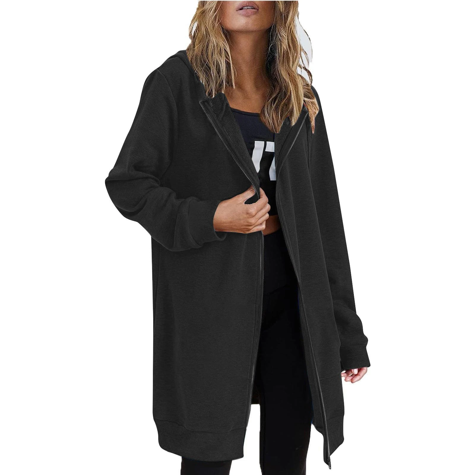 KUIH Hoodies for Women UK Long Sleeve Hooded Zipped Cardigans Ladies Longline Hoodies Loose Casual Long Sweatshirt Fleece Lined Jackets Zip Up Hoodie with Pockets Winter Autumn Coat Black