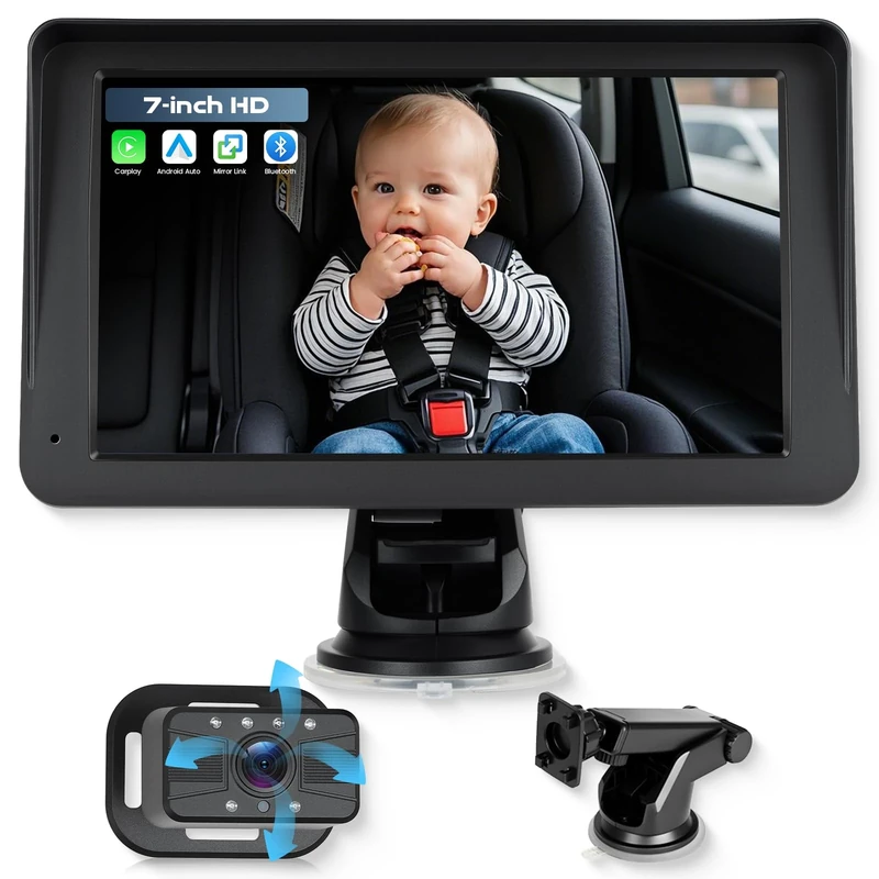 Hodozzy Baby Car Camera with Wireless CarPlay Android Auto, 7 Inch Touch Screen Car Baby Mirror with Bluetooth Night Vision Super Link, 360° Rotatable Rear Facing Car Seat Monitor FM/AUX/Type-C/SD