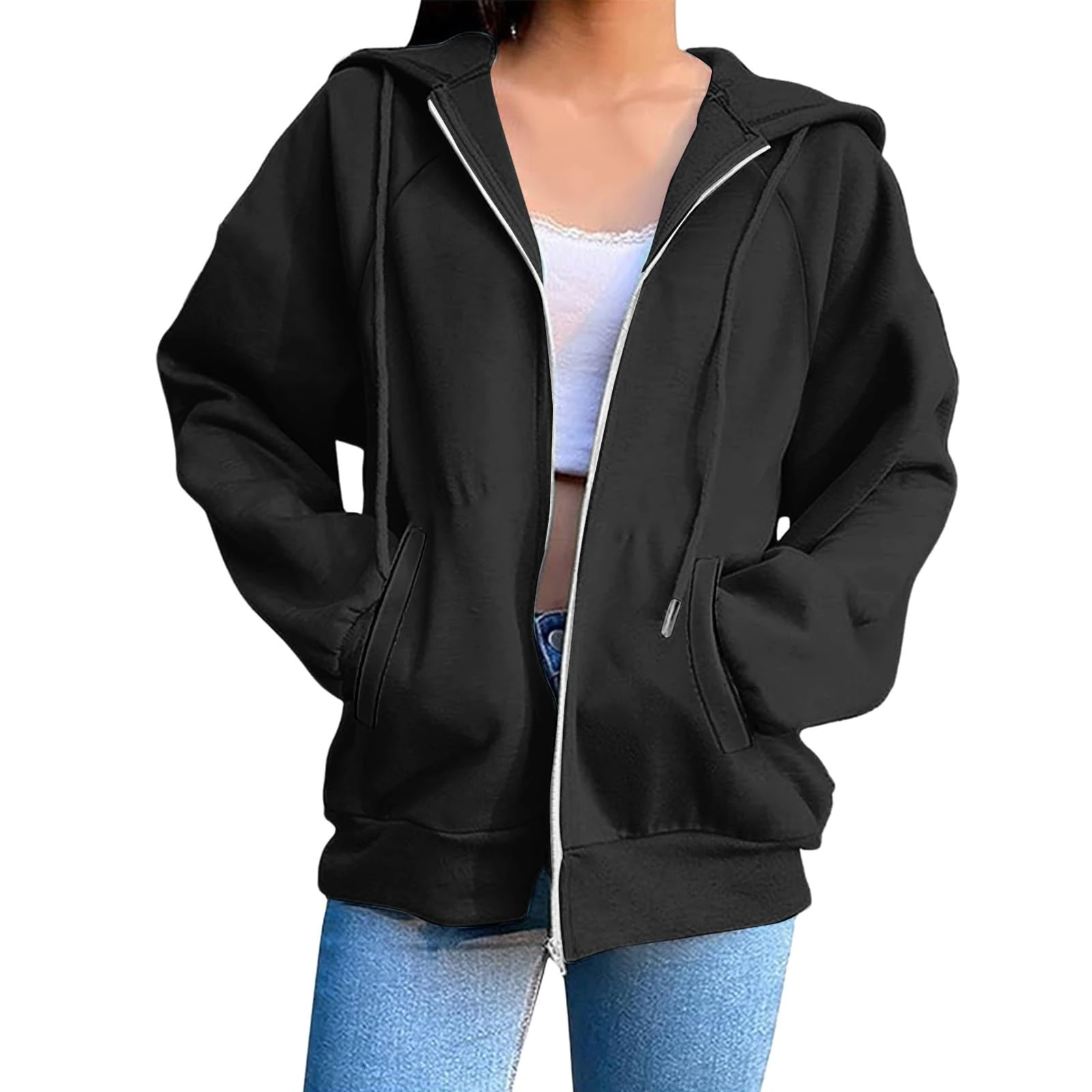 KUIH Zip Up Sweatshirts for Women Casual Zipped Hoodies Solid Color Loose Long Sleeve Jacket Womens Zipper Hoodies Pullover Sweaters Hooded Top Coats Activewear Ladies Outerwear with Pockets Black