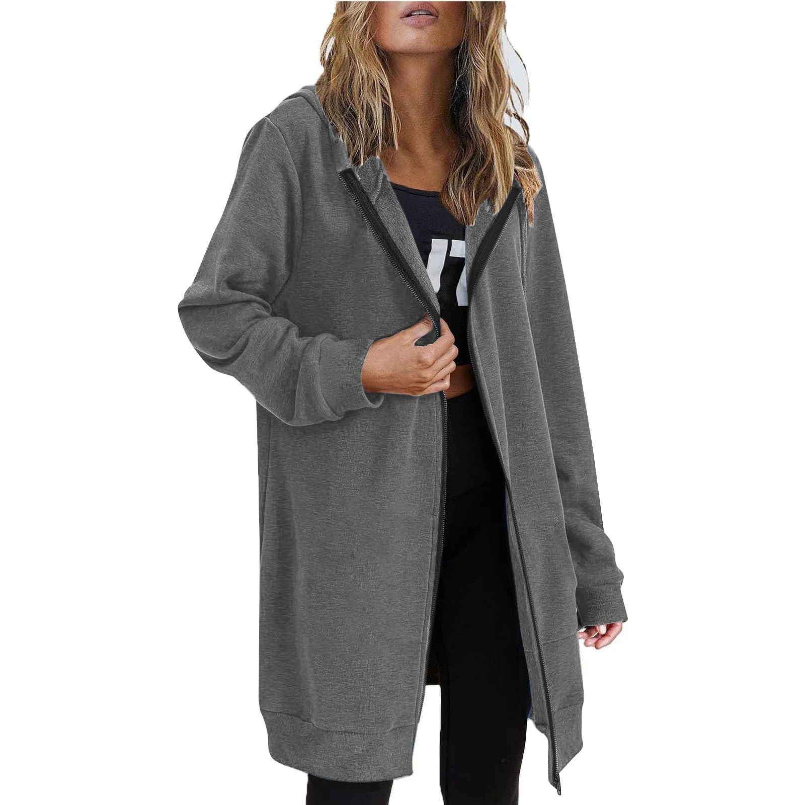 KUIH Hoodies for Women UK Long Sleeve Hooded Zipped Cardigans Ladies Longline Hoodies Loose Casual Long Sweatshirt Fleece Lined Jackets Zip Up Hoodie with Pockets Winter Autumn Coat Dark Gray