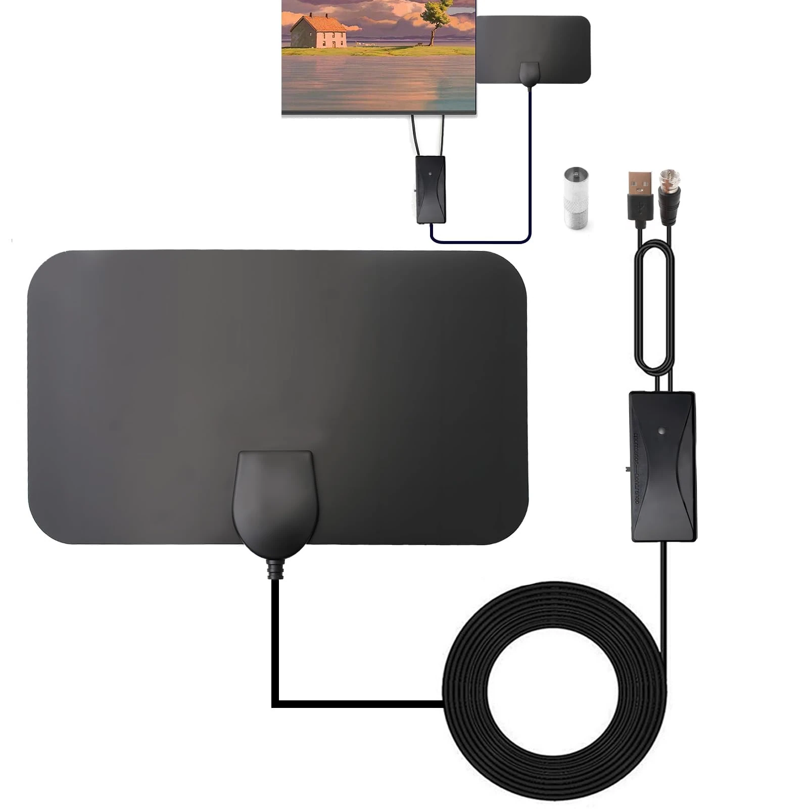 TV Aerial Indoor Digital Indoor TV Aerial 250+ Miles Long Range for FreeviewTV Amplified Antenna Support 4K ULTRA HD 1080P FULL HD with Booster & 5m Coax Cable