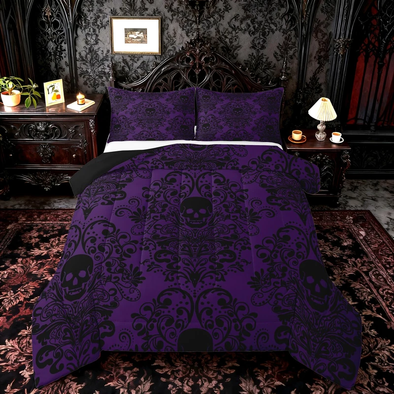 Feelyou Adults Gothic Skull Bedding Set Full Size Kids Damask Print Comforter Cover Goth Bohemian Duvet Cover Breathable Soft Lightweight Microfiber Black Purple Room Decor with 2 Pillowcases
