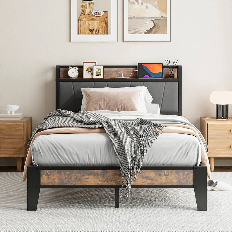 IRONCK Small Double Bed Frame with Storage Shelf Upholstered Headboard, Platform Bed Frame with Charging Station, Metal Bed Frame/UnderBed Storage, Enhanced Support Noise Free, Vintage Brown+Grey