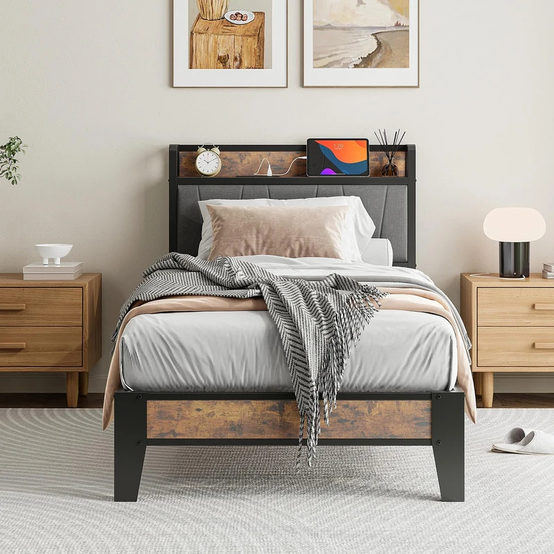 IRONCK Single Bed Frame with Storage Shelf Upholstered Headboard, Platform Bed Frame with Charging Station, Metal Bed Frame/UnderBed Storage, Enhanced Support Noise Free, Vintage Brown+Grey
