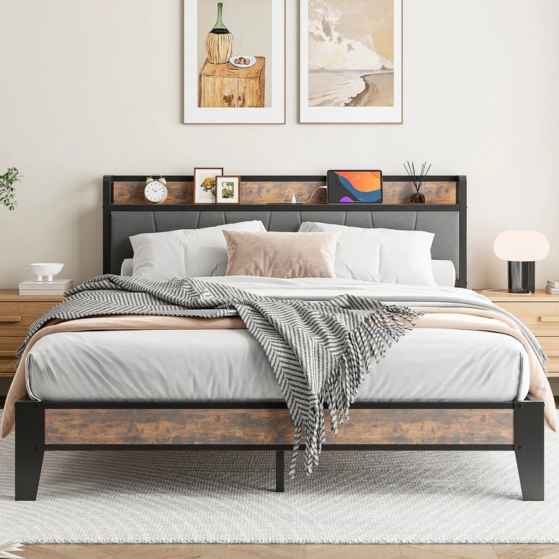 IRONCK King Size Bed Frame with Storage Shelf Upholstered Headboard, Platform Bed Frame with Charging Station, Metal Bed Frame/UnderBed Storage, Enhanced Support Noise Free, Vintage Brown+Grey