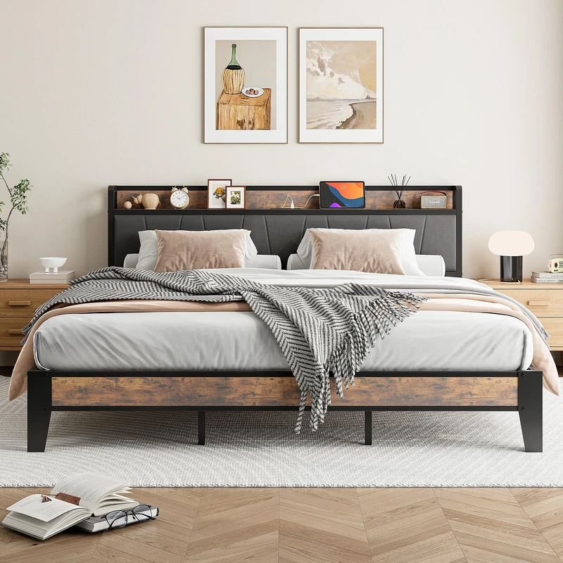 IRONCK Super King Bed Frame with Storage Shelf Upholstered Headboard, Platform Bed Frame with Charging Station, Metal Bed Frame/UnderBed Storage, Enhanced Support Noise Free, Vintage Brown+Grey