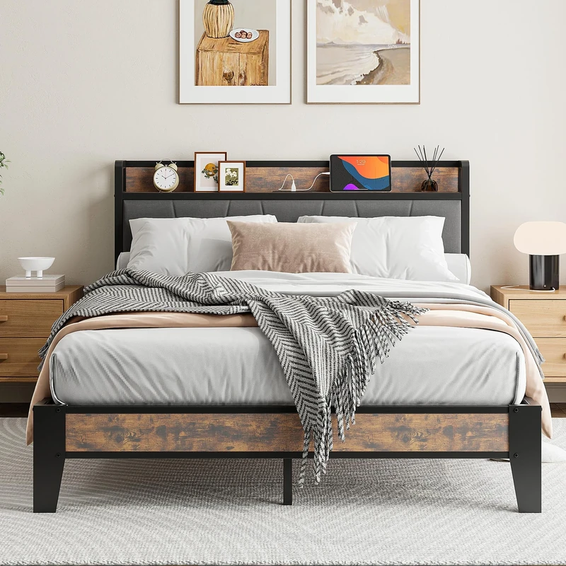 IRONCK Double Bed Frame with Storage Shelf Upholstered Headboard, Platform Bed Frame with Charging Station, Metal Bed Frame/UnderBed Storage, Enhanced Support Noise Free, Vintage Brown+Grey