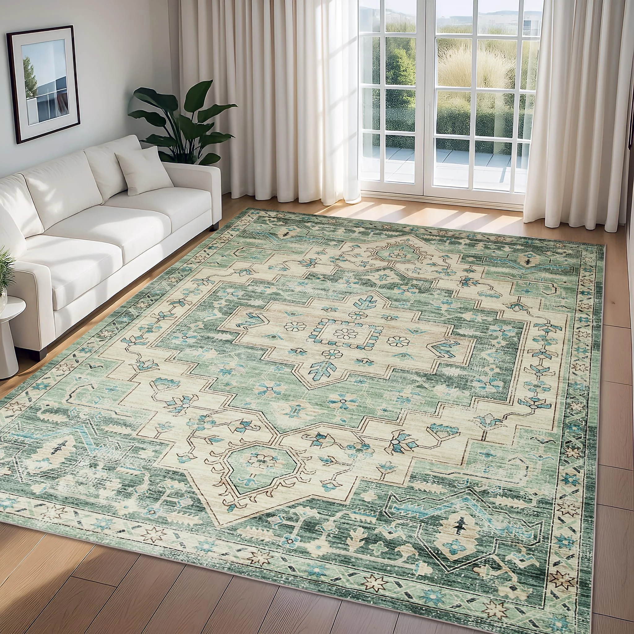 Imperial Rooms Vintage Green Rugs Living Room Extra Large 240 x 340 Short Pile Area Rugs for Bedroom Machine Washable Non Slip Carpet for Kids Room Soft Vintage Design Boho Rug, Ember