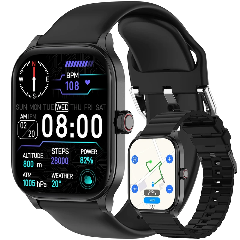 Smart Watch with Built-in GPS and Offline Maps, 1.96" HD Display, Answer/Make Calls, 100+ Sport Modes, Heart Rate/Sleep/SpO2 Monitor, Fitness Activity Tracker for Android and iPhone, 2 Bands, Black