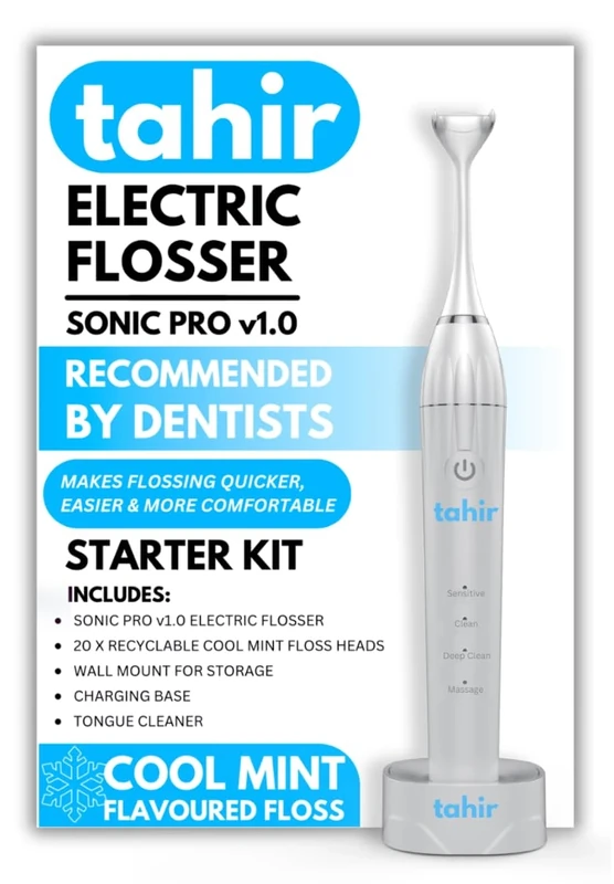 Tahir Electric Flosser Starter Kit - Sonic Pro v1.0 Premium Sonic Interdental Cleaning with 20 Recyclable Mint Floss Heads