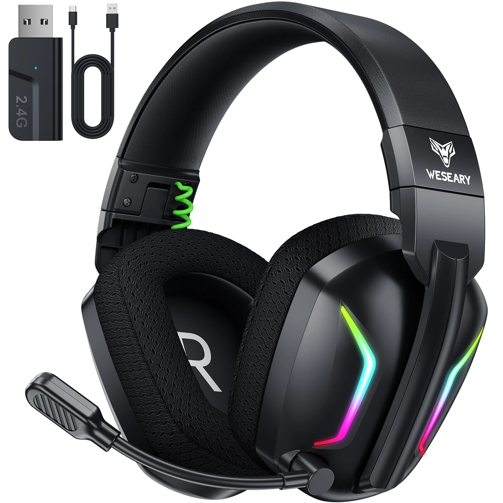 WESEARY Wireless Gaming Headset for PS5, PS4, PC, Switch, Mac – Dual-Mode 2.4GHz & Bluetooth 5.4 Gaming Headphones with ENC Noise Cancelling Mic, 50mm Drivers, Dynamic LED Lights, 50H Playtime