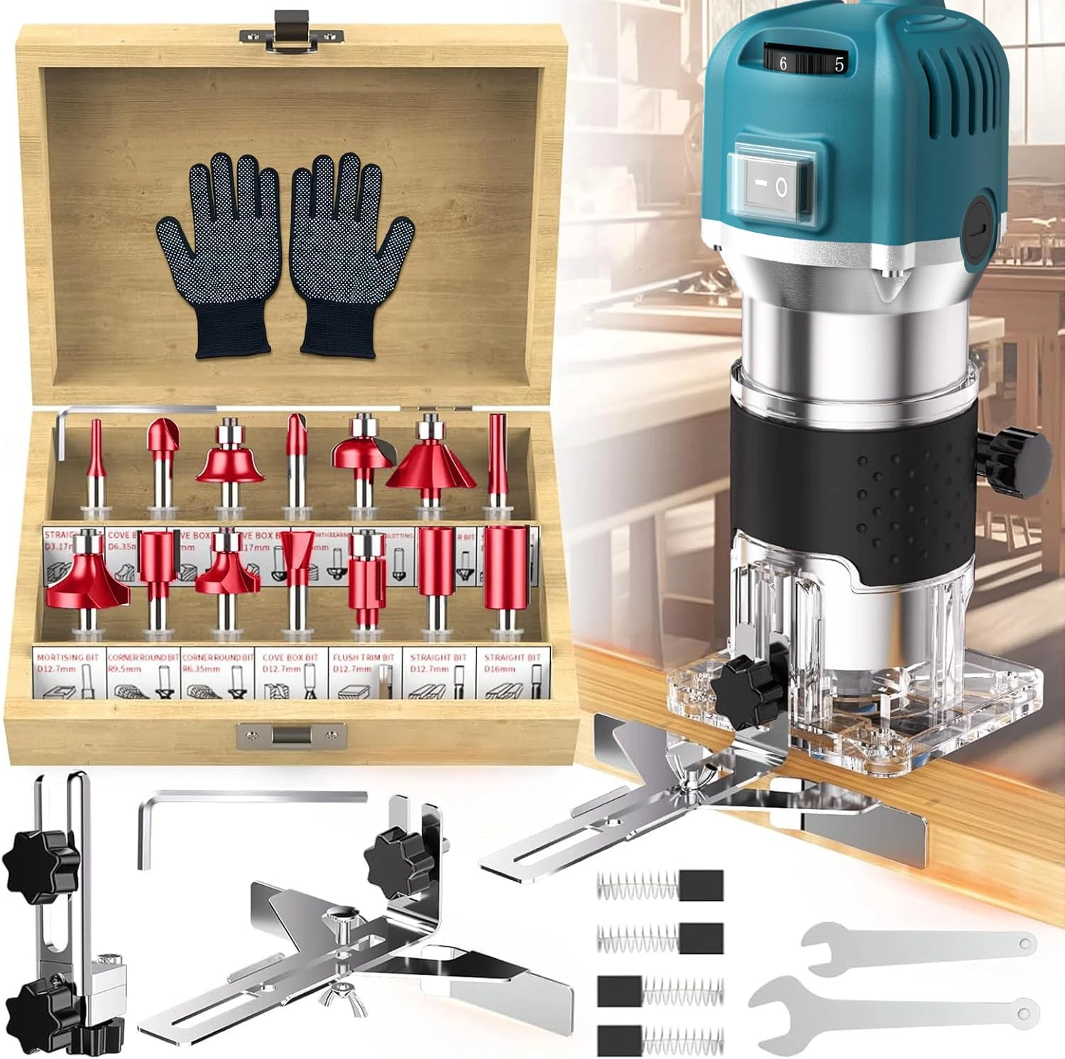 Palm Router Tool, 800W 30000Rpm Electric Woodworking Hand Router with Trimmer Base & 15Pcs 1/4"(6.35mm) Router Bits Set, 220V Wood Trimmer Router (Blue, 6 Speed)