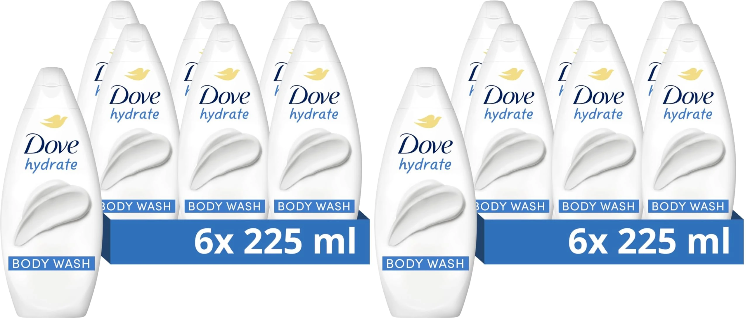 Dove Hydrate Body Wash Body Cleanser shower gel with plant-based moisturisers for softer, smoother skin after one shower 6x 225 ml (Pack of 2)