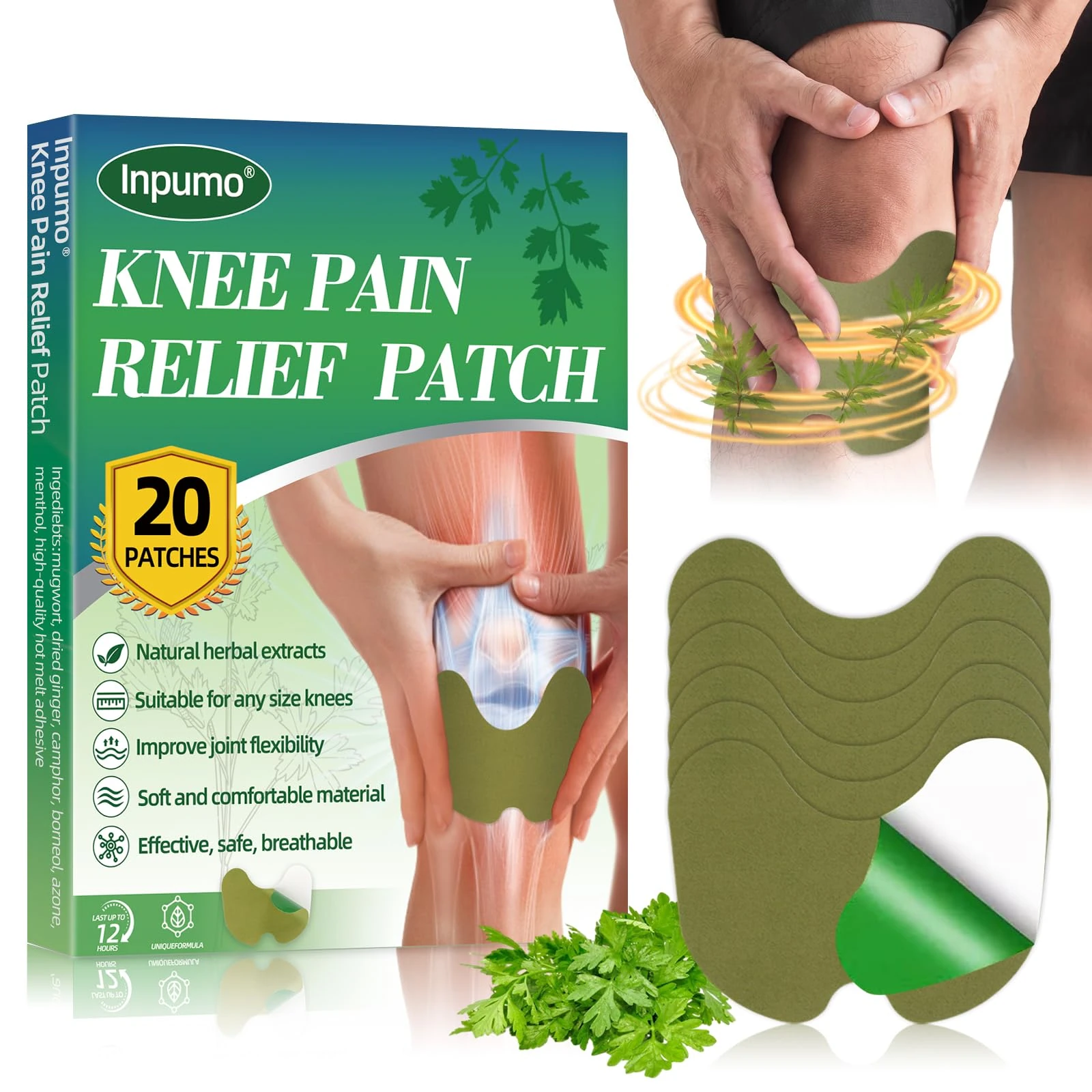 Inpumo Knee Pain Relief Patch, Natural Herbal Relief Patches with Natural Wormwood, Long Lasting Effect, Relieves Muscle Soreness (20pcs)