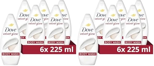 Dove Velvet Glow Body Wash Body Cleanser shower gel with plant-based moisturisers for softer, smoother skin after one shower 6x 225 ml (Pack of 2)