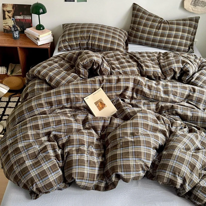 PinkMemory Brown Blue Gingham Buffalo Plaid Duvet Cover King 100% Washed Cotton Vintage Checkered Duvet Cover Set 3pcs Retro Grid Bedding Set with Zipper Closure Corner Ties,Soft Breathable