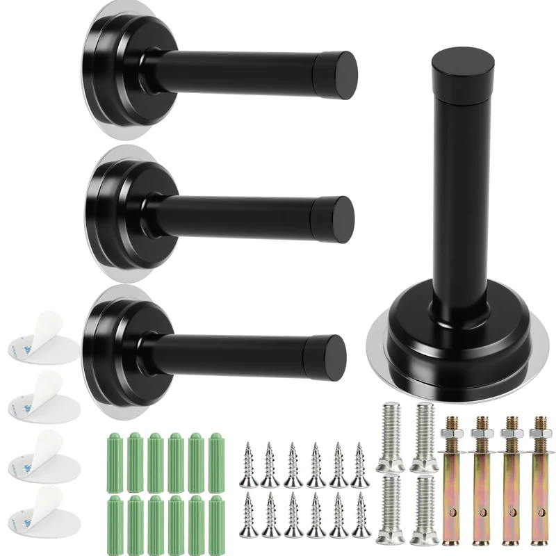 Wall Mounted Door Stop, Heavy Duty Stainless Steel Door Stops with Rubber Buffer, Door stoppers for skirtings, Doorstop with Screws and Adhesive Tape, Protect Doors and Walls(Black 4 pcs)