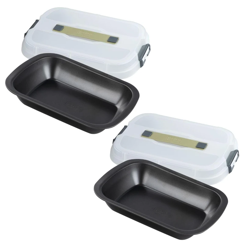 Zenker 9349050 Set of 2 Cake Moulds with Transport Lid, Cake Mould, Baking Tin, Rectangular Mould, Steel, Green Plastic, 34 x 24.5 cm