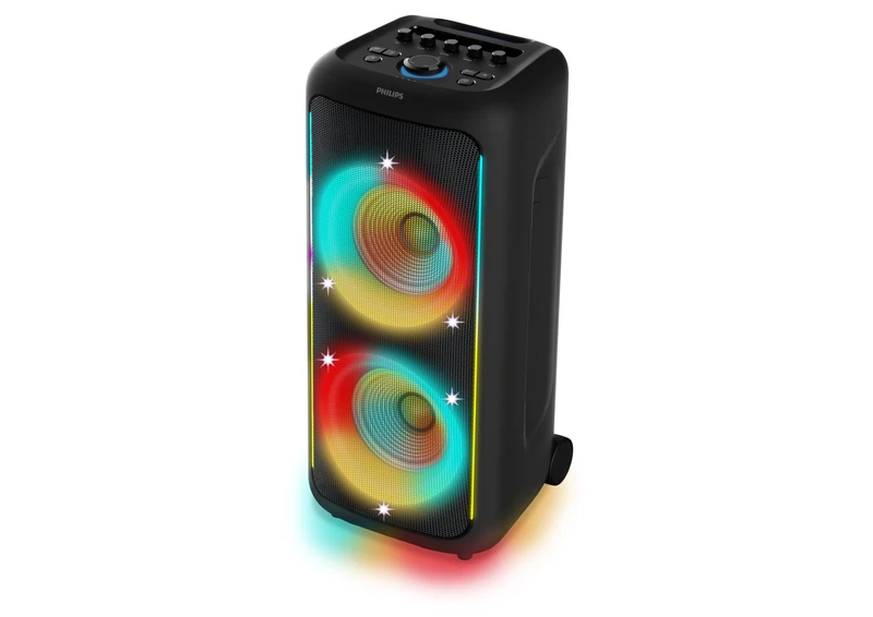 Philips TAX5000E Bluetooth Party Speaker 200W Max, Bass+, Lightshow, 14h Battery, TWS & Auracast, Mic/Guitar Inputs, IPX4 Splash-Proof, USB, AUX, App Control, Wheels & Handle