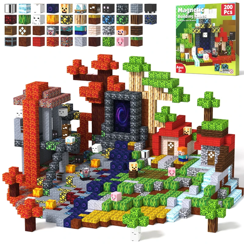 Magnetic Blocks 200PCS Mini Magnatiles for Kids Ages 2-12 Mine 3D World Magnet Tiles Building Toys Sets Magnetic Building Blocks Stem Toys for Boys/Girls Sensory Toys for Toddlers (Magma)