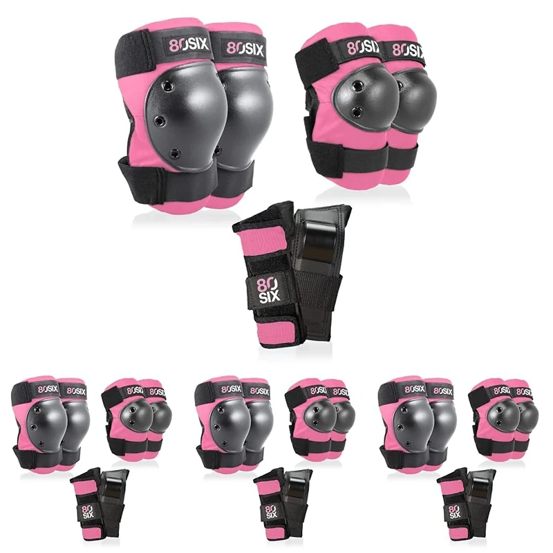 80Six Kids’ Multi-Sport Pad Set with Wristguards, Elbow Pads, and Knee Pads, Pink, Junior - Ages 5+ (Pack of 4)