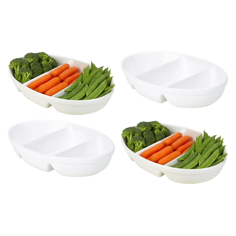 Genware 3-Divided Vegetable Dish – 28cm Porcelain Serving Dish for Catering & Home Use, Pack of 4