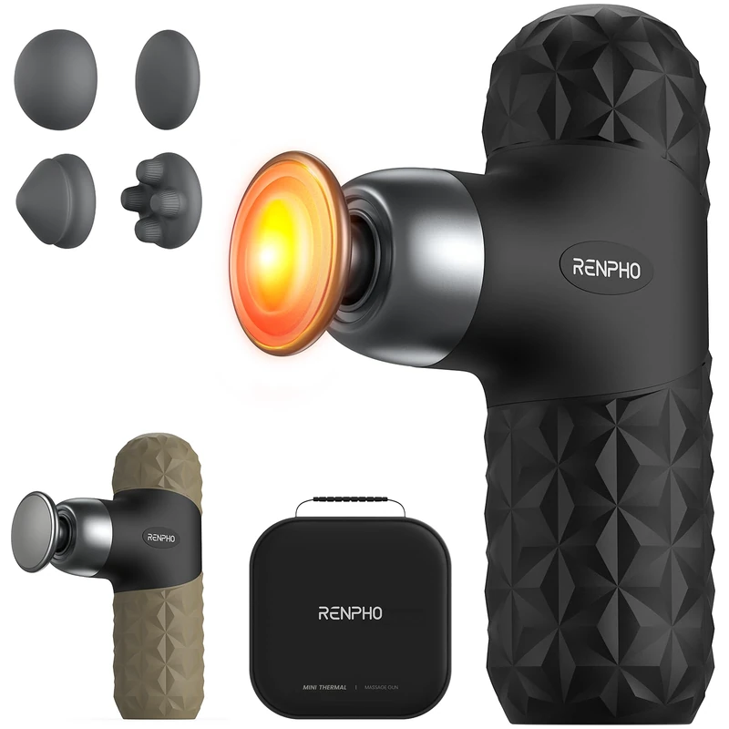 RENPHO Mini Massage Gun with Heat,Massage Gun Deep Tissue with 4 Massage Heads,Ultra Small & Quiet Muscle Gun with Carry Case for Gym Office Workout Muscle Massager,Gifts for Women,Black