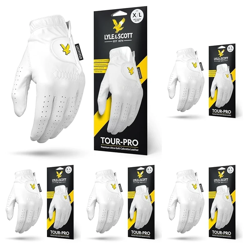 Lyle & Scott Tour Pro Premium Ultra Soft Cabretta Leather Golf Glove - Ultimate Grip, Moisture Control, Durable - Men's Golf Glove, White, Extra Large, Left Hand (Pack of 5)