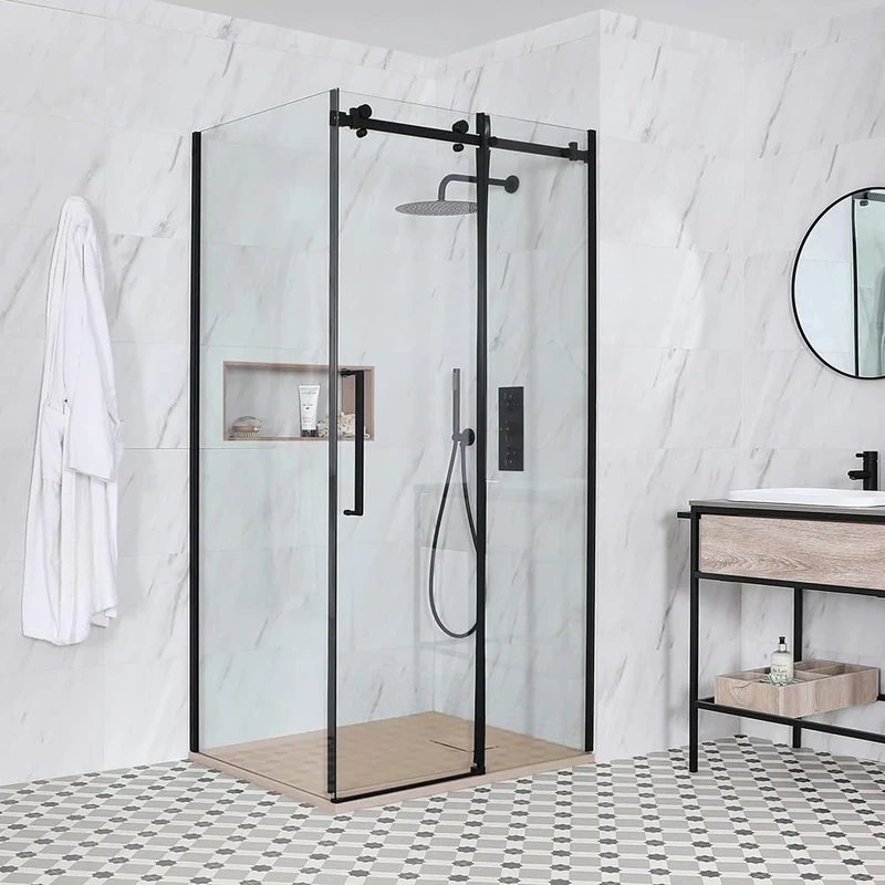 Milano Nero Black Corner Frameless Sliding Door Shower Enclosure Sand Effect Tray - 1500mm x 800mm