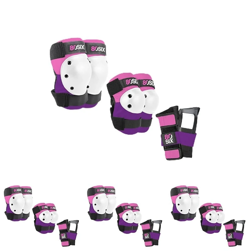 80Six Multi-Sport Pad Set - Knee Pads, Wristguards, Elbow Pads, Full Protective Gear for Kids, for BMX, Cycling, Inline Skating, Skate, Roller Skates, Skateboard Accessories (Pink Purple, Ages 8+)