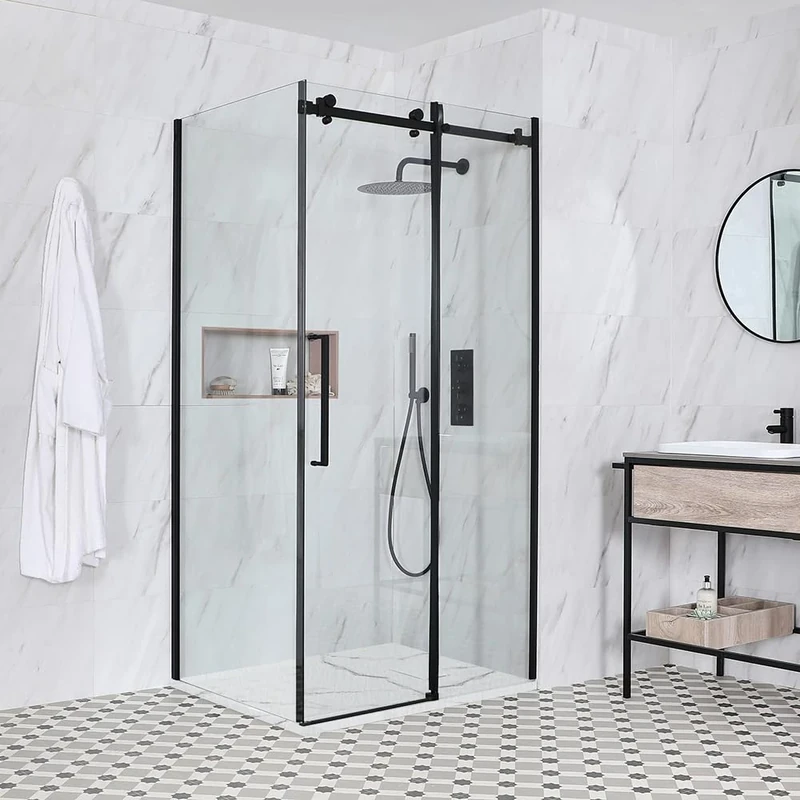 Milano Nero Black Corner Frameless Sliding Door Shower Enclosure Marble Effect Tray - 1200mm x 900mm
