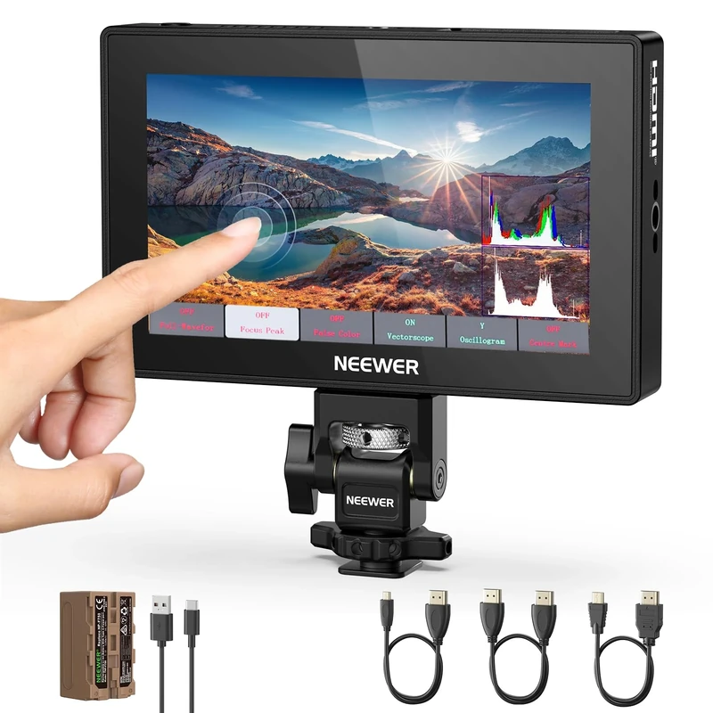 NEEWER 5.5" Camera Field Monitor, 1575nit HD 1920x1080 IPS Touch Screen, 4K HDMI Loop in/Out with 3D LUT Peak Focus DSLR Video Assist HDR Waveform, 5200mAh F750 Battery, DC7-24V/Type C 5V In, F500 PRO