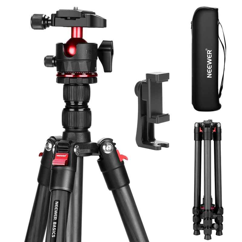 NEEWER Basics Carbon Fiber Travel Tripod, 64" Compact Lightweight Portable Camera Video Stand, Arca Type Ball Head & Cell Phone Holder Compatible with iPhone Video Recording, Max Load 13.2 lbs, TP17