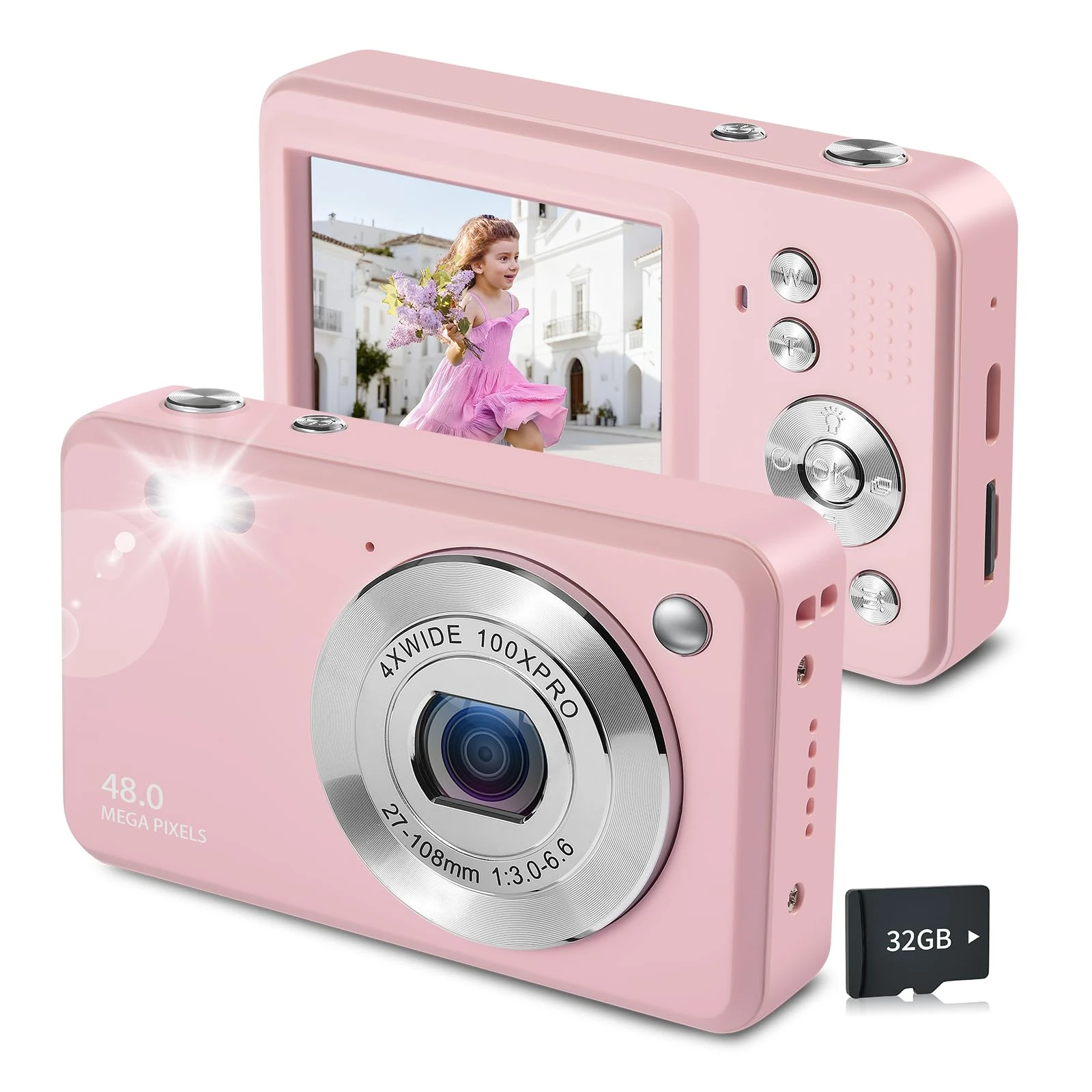 Digital Camera for Kids,1080P 48MP Point and Shoot Digital Cameras with 32GB Memory Card and 16X Digital Zoom Kids Camera, Compact Portable Small Gift for Boys Girls Teenager