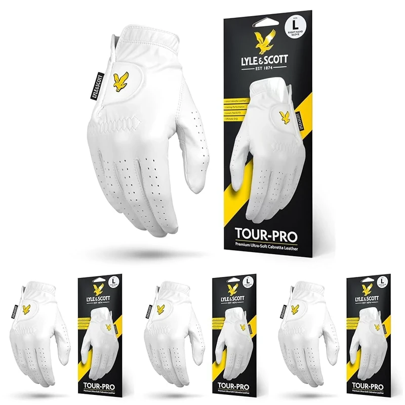 Lyle & Scott Tour Pro Premium Ultra Soft Cabretta Leather Golf Glove - Ultimate Grip, Moisture Control, Durable - Men's Golf Glove, White, Large, Right Hand (Pack of 4)