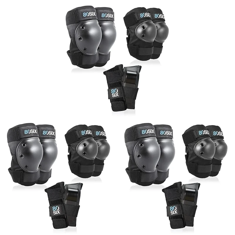 80Six Kids’ Multi-Sport Pad Set with Wristguards, Elbow Pads, and Knee Pads, Black, Junior - Ages 5+ (Pack of 3)